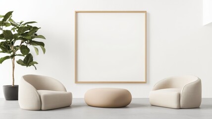 Spacious living room featuring a large empty frame against crisp white walls, inviting personalization and creativity.