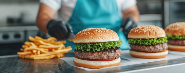 Fast food kitchen in action, staff cooking burgers, frying fries, fast-paced restaurant setting, clean and efficient workspace