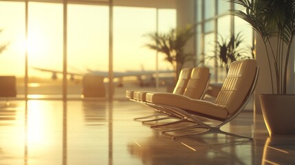 Fototapeta premium Empty Airport Lounge Chairs With Sunset View Through Large Windows
