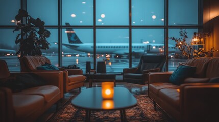 Cozy Lounge with a View of an Airplane on the Runway