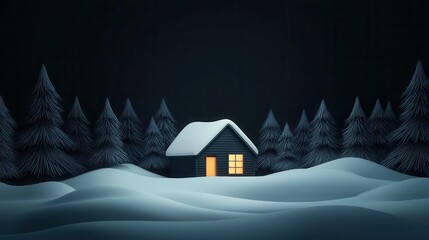 Fototapeta premium Cozy cottage in a snowy forest, silent winter night, warm light from windows, 3D illustration