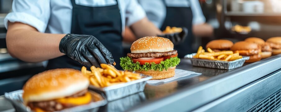 Packed fast food restaurant, lunchtime rush, efficient service, customers ordering and enjoying meals, dynamic atmosphere