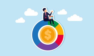 A businessman with a laptop sits on a ring chart labeled with dollar coins, illustrating the analysis, monitoring, and evaluation of dollar performance.