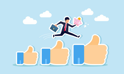 A businessman jumping over stacked thumbs-up signs while carrying a piggy bank, illustration of receiving appreciation for successful investment methods