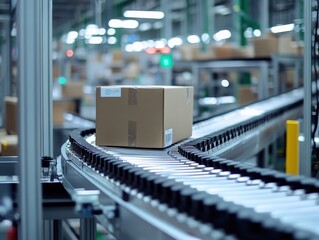 A cardboard box moves along a conveyor belt in a modern warehouse filled with shelves of products in the background.