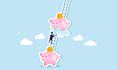 A businessman climbing a ladder connected to a piggy bank, illustration of step-by-step investing or applying a dollar cost averaging investment strategy