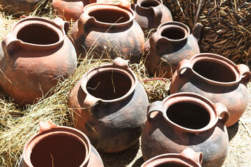 Set of handmade clay pots. Traditional utensil of the Andean culture of Bolivia