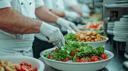 Obraz premium Modern quick service kitchen, chefs moving quickly, preparing fast food orders with fresh ingredients