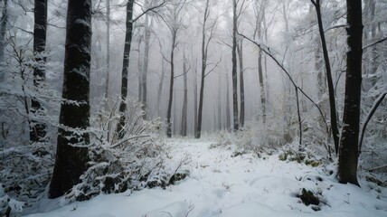snow covered trees in the forest