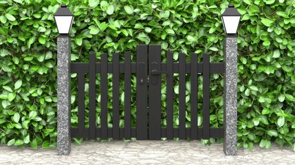 Naklejka premium Elegant Garden Gate Surrounded by Lush Greenery