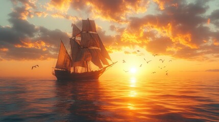 Fototapeta premium A majestic ship sailing at sunset over calm waters.