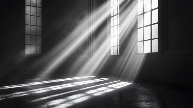 Minimal black and white 3D room background with natural shadows, sun reflections, house with spotlights, overlay effects for images and mockups, diagonal shadows and sun rays of light.