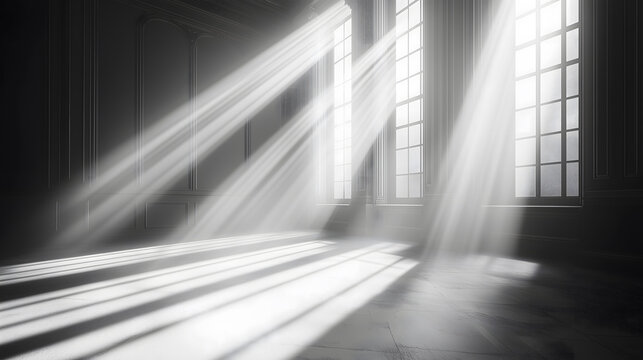 Minimal black and white 3D room background with natural shadows, sun reflections, house with spotlights, overlay effects for images and mockups, diagonal shadows and sun rays of light.