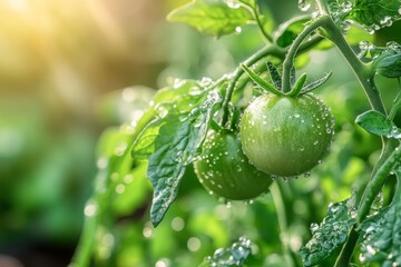 Fototapeta premium Close-up of two green tomatoes on a vine with water droplets, bathed in sunlight.