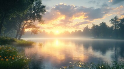 Serene sunrise over a misty lake, surrounded by lush greenery.