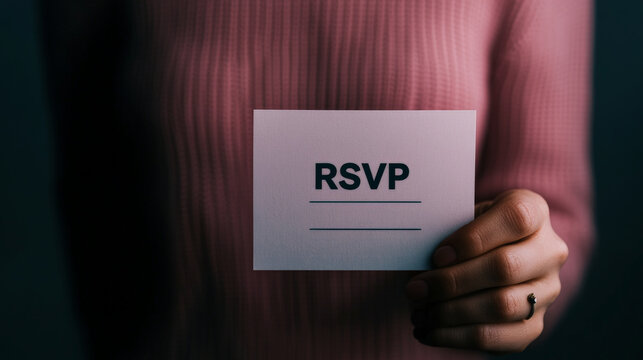 RSVP card held by hand, showcasing invitation response request. soft lighting creates warm atmosphere, emphasizing importance of occasion