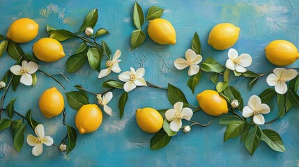 Fresh lemons arranged with green leaves and white flowers on a blue background, creating a vibrant, refreshing look.