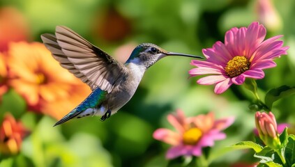 Fototapeta premium A hummingbird hovers in mid-air with its beak extended towards a pink daisy flower, surrounded by a blur of colorful flowers in a garden.