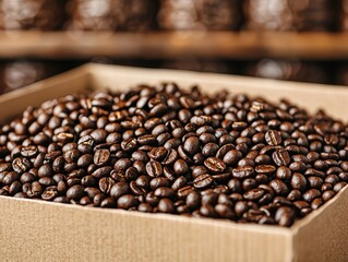 Fototapeta premium Freshly roasted coffee beans in a box, ready for brewing and enjoying rich flavors.