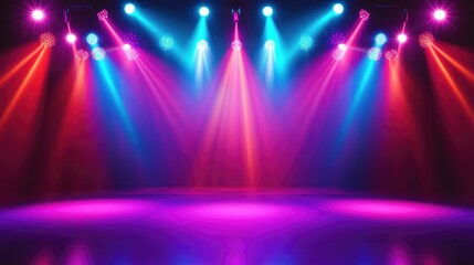 Colorful stage backdrop with an array of bright hues, illuminated by spotlights and decorative bulbs. Perfect for a modern event setting.