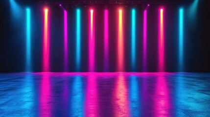 Colorful stage with neon lighting and a glossy floor, perfect for performances or events. Bright backdrop with a blend of hues and a focus on dynamic color schemes.