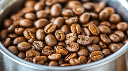 Fototapeta premium Freshly roasted coffee beans in a metallic container, showcasing rich brown color and glossy texture.