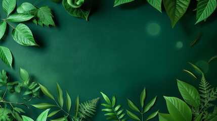 Tropical Green Leaves Frame Border on Dark Green Background with Copy Space for Tex