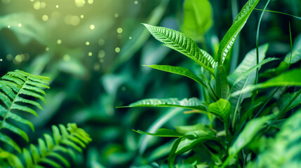 Fresh Green Fern Leaves with Sunlight Bokeh in Tropical Forest Background