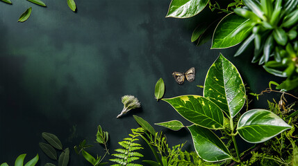 Natural Green Background with Butterfly and Tropical Leaves