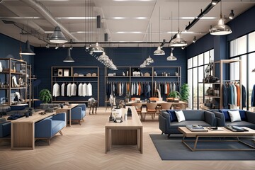 Modern store interior with wood floors and furniture.