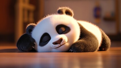 A cute baby panda bear sleeps soundly on a wooden floor.