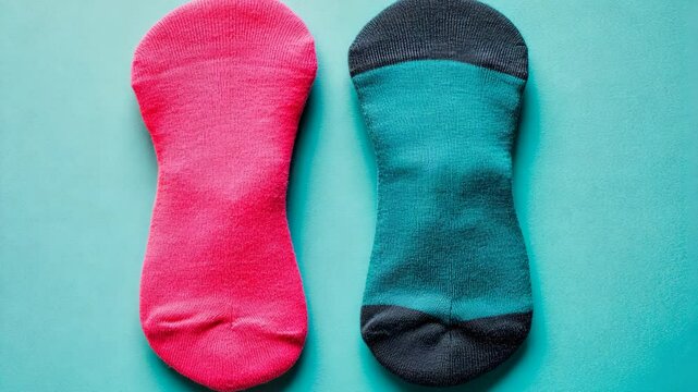 Two socks, one pink and one teal, lie on a blue background