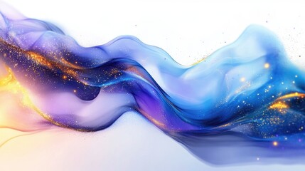 Flowing energy currents in blue, purple, and gold, translucent sparkles, white background, glowing lines in soft motion, elegant, abstract