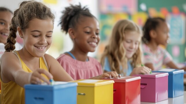 Energetic Classroom Election: Students Voting for Class President with Colorful Ballot Boxes and Excited Expressions