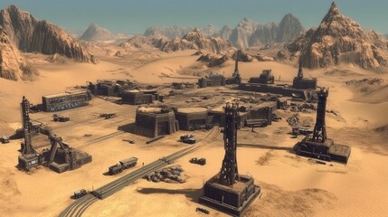 Desert Oil Extraction Site with Machinery and Structures