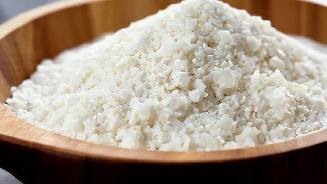 highquality 4K footage presents monosodium glutamate MSG powder wooden scoop illustrating use food additive industry oblong white crystalline granules highlight fifth taste known umami