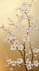 Floral design wallpaper with a golden cherry blossom bas relief pattern.