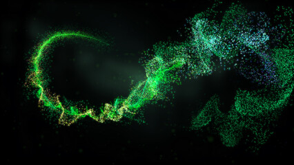 Green Wavy Lines of Light with Turbulence Particles, Widescreen 4K Resolution