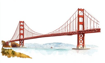 PNG format watercolor art depicting the Golden Gate Bridge and its architectural significance in San Francisco.