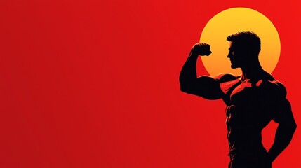Strong silhouette of a muscular man flexing under a sunset, symbolizing strength and confidence against a vibrant red background.