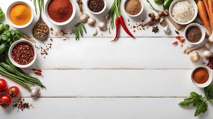 Mix of fresh hot colorful peppers, cherry tomatoes and spices on white wooden table mock up. Seasonings for cooking food. Spices ingredients for