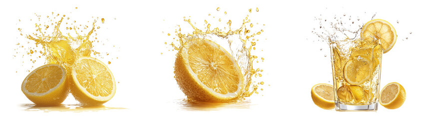 Realistic splash of lemon juice with sliced lemon isolated on transparent PNG perfect for citrus beverage illustrations or fruit designs.