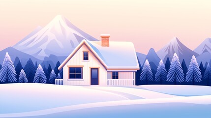 A cozy winter cabin nestled in a snowy landscape with mountains and evergreen trees in the background.