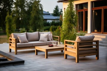 Obraz premium Wooden patio furniture on a stone patio.