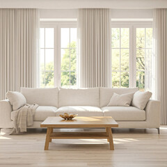 A bright, airy living room with a white sofa, wooden coffee table, and large windows overlooking a green space