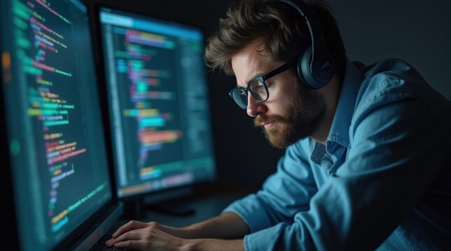 Focused software developer working on code on computer in dark office