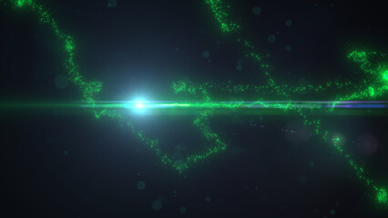 Green Wavy Lines of Light with Turbulence Particles and Lens Flare, Widescreen 4K Resolution