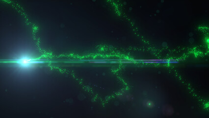 Green Wavy Lines of Light with Turbulence Particles and Lens Flare, Widescreen 4K Resolution