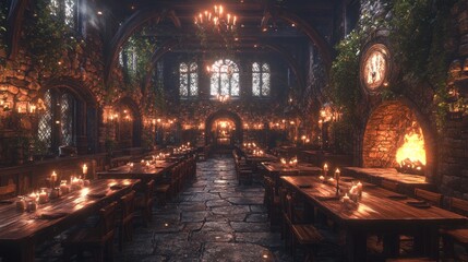 Obraz premium Cozy medieval tavern interior with warm lighting and wooden tables.
