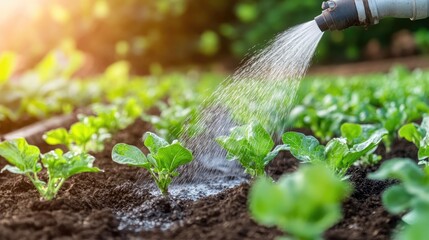 Watering Young Lettuce Plants in a Green Garden